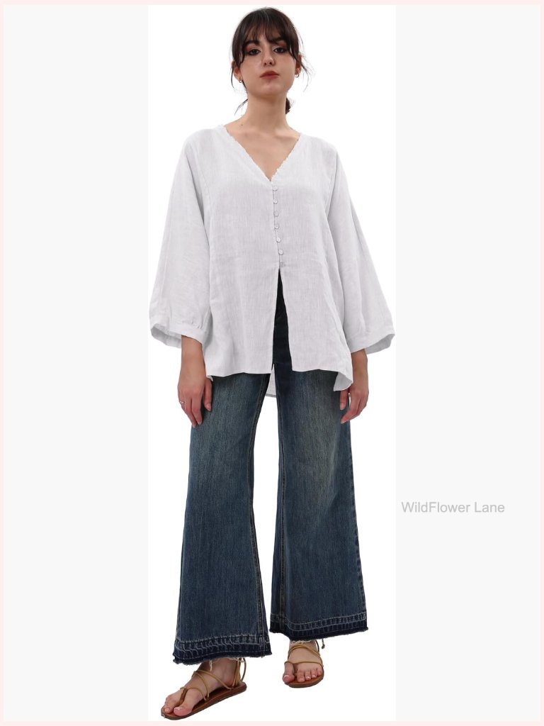 100% Linen Long Sleeve V Neck Button Down Blouse
